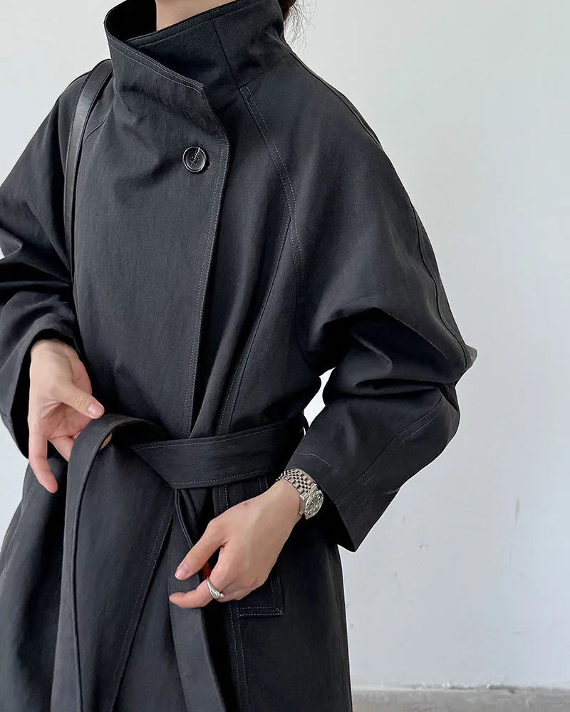 Minimalist Stand-Collar Belted Trench Coat