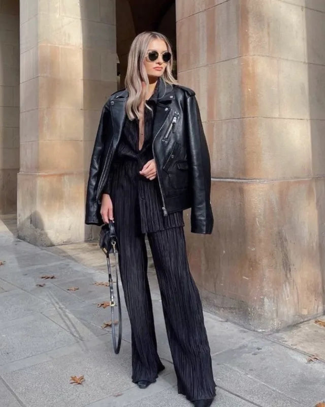 Turn-Down Collar Draped Shirt & High Waist Wide-Leg Trouser 2-Piece Set