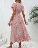 Floral Print V-Neck Lace-Up Flare Sleeve Midi Dress