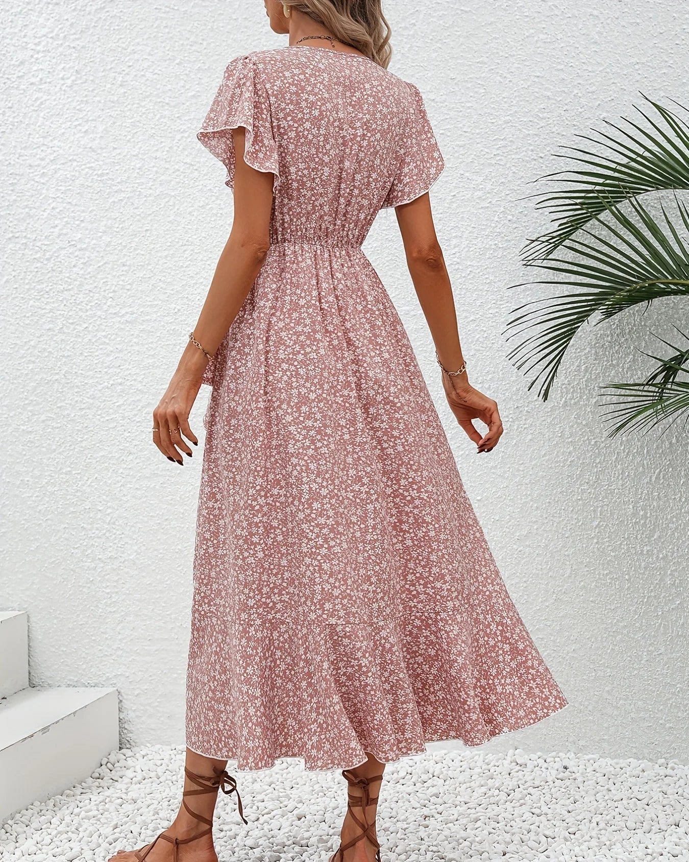 Floral Print V-Neck Lace-Up Flare Sleeve Midi Dress