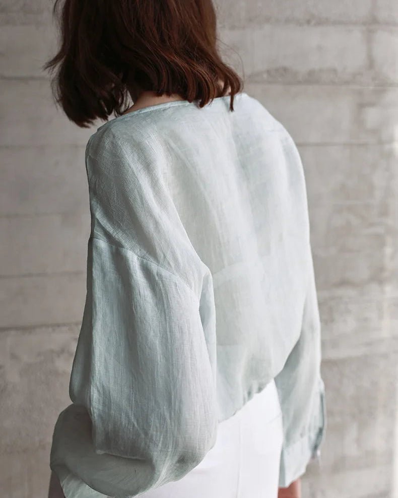 Ramie Crew Neck Long Sleeve Drawstring T-Shirt