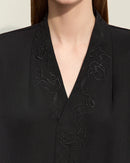 Chiffon Embroidered V-Neck Lantern Sleeve Blouse