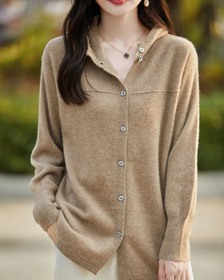 Merino Wool Solid Hooded Pocket Long Knit Cardigan