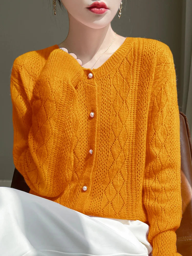 Merino Wool Hollow-Out Pearl Button Cardigan