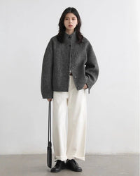 Wool-Blend Stand-Collar Short Coat