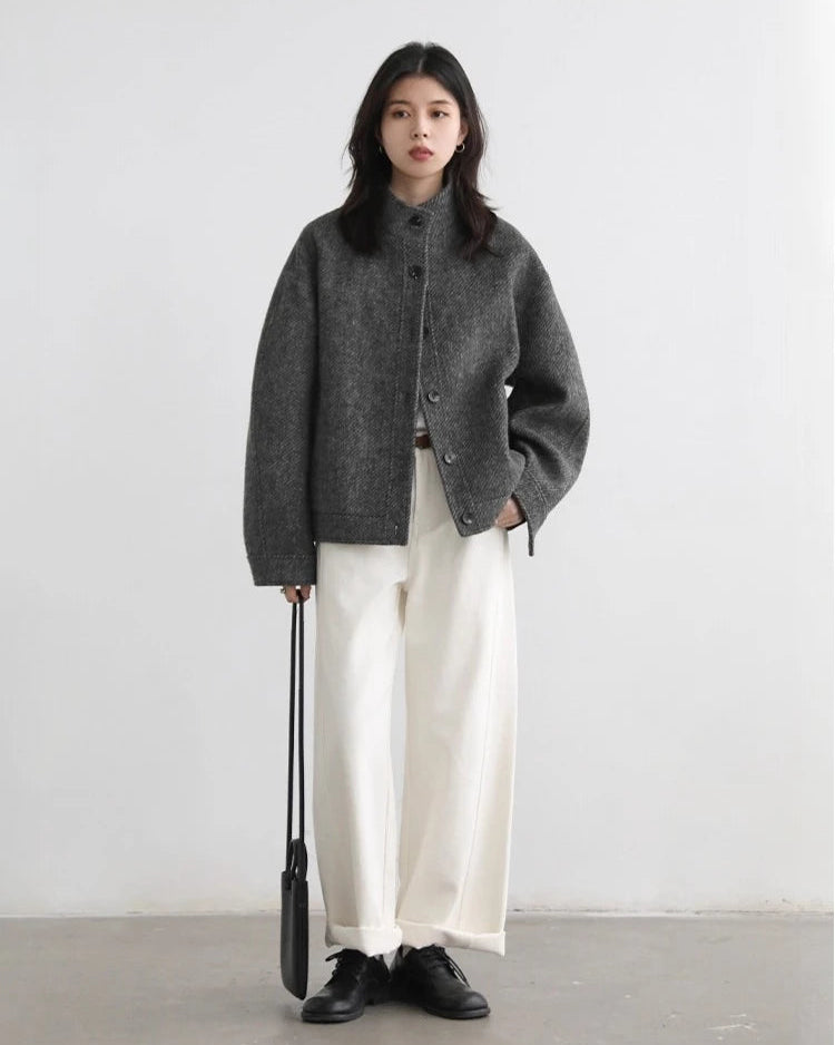 Wool-Blend Stand-Collar Short Coat