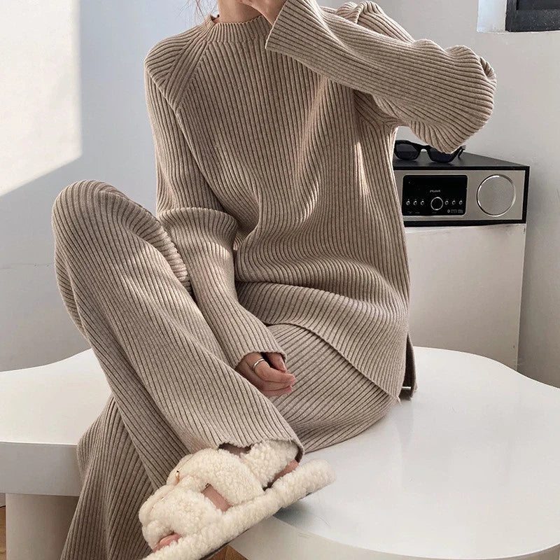 Ribbed Knitted Pullover & Wide Leg Pants Set