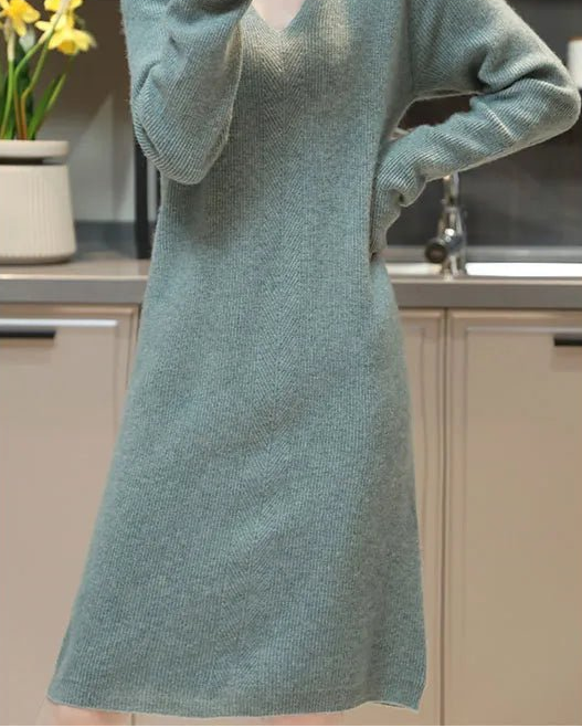 V-Neck Merino Wool Knitted Dress GentleHerd