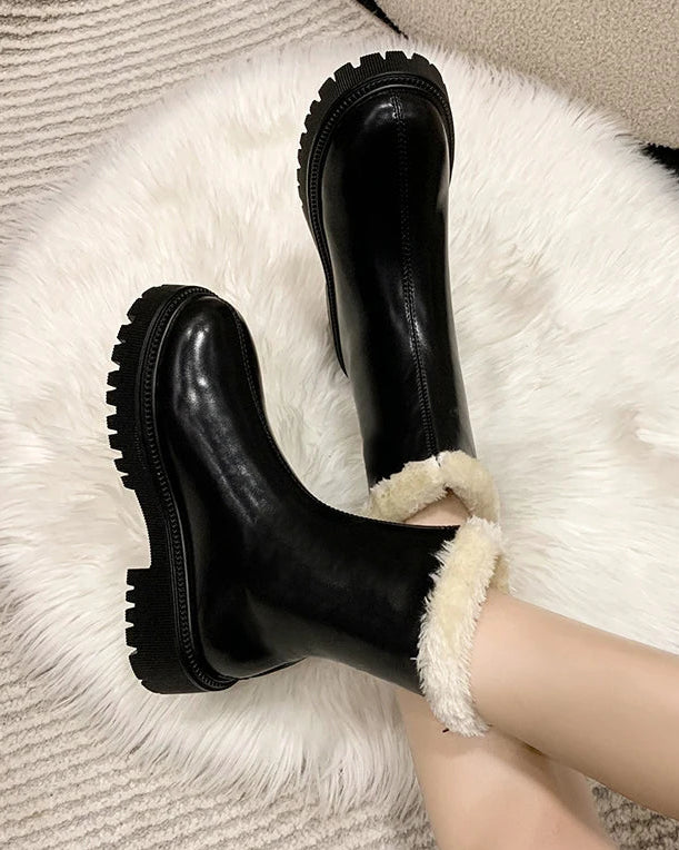 Women Plush-Lined Ankle Boots Square Heel