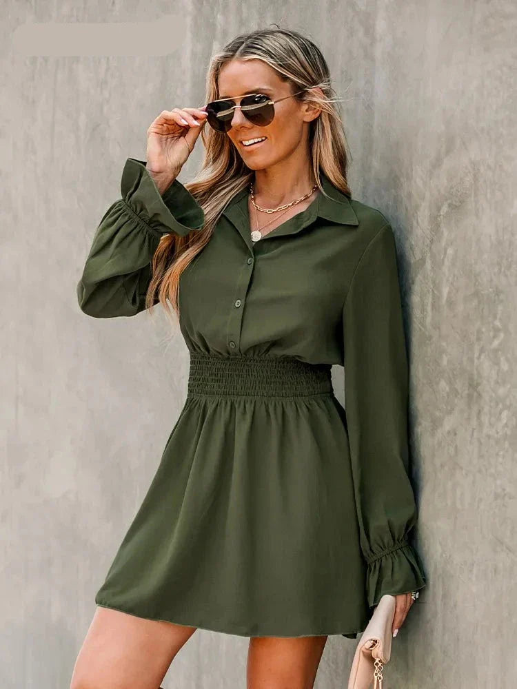Button-Front Dress Long Trumpet Sleeve A-line Mini Dress