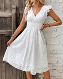 V-Neck Lace Waist Flare Sleeve A-Line Beach Dress