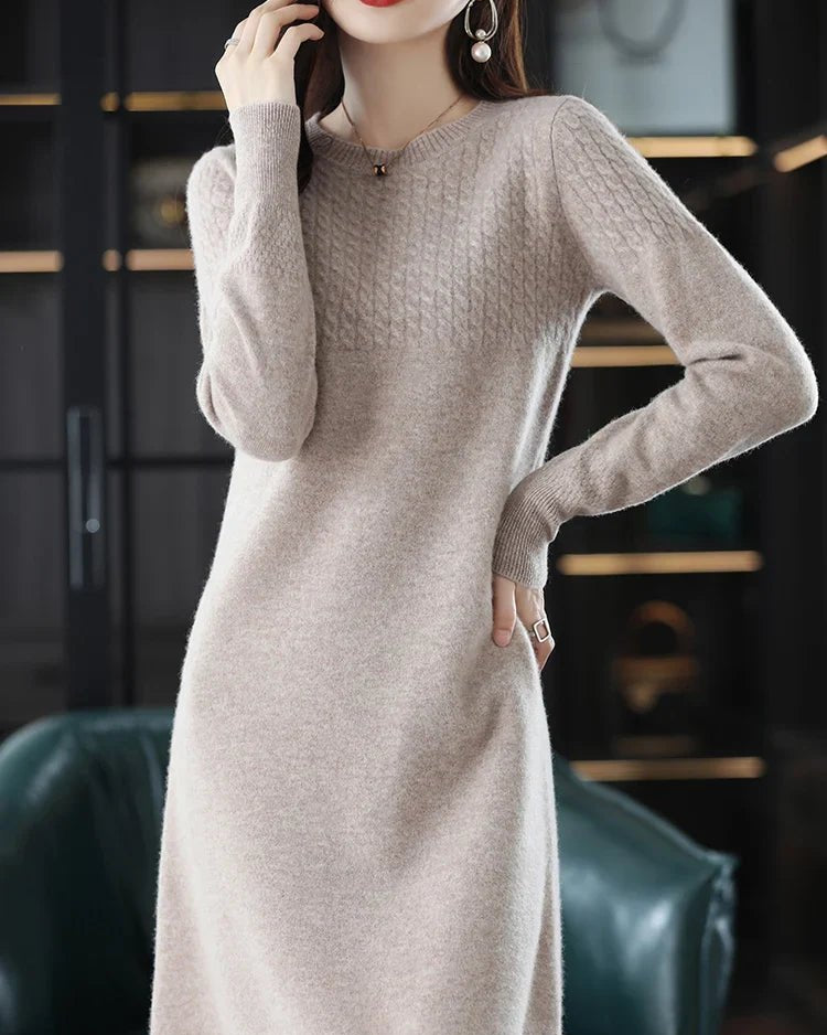 Round-Neck Merino Wool Knitted Midi Dress