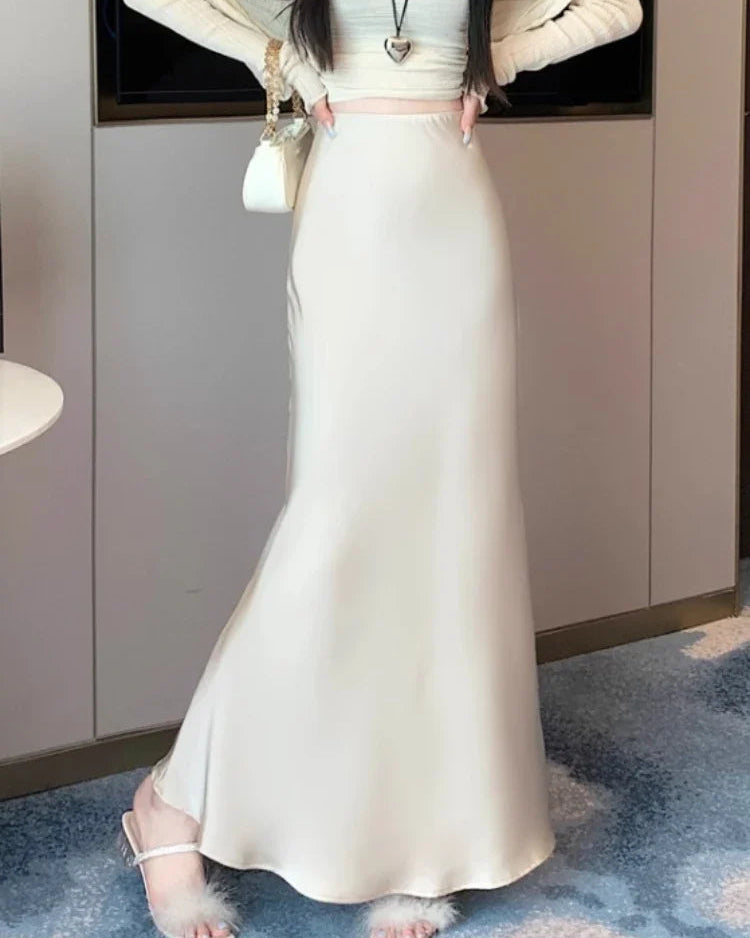 Satin High-Waist Midi Skirt