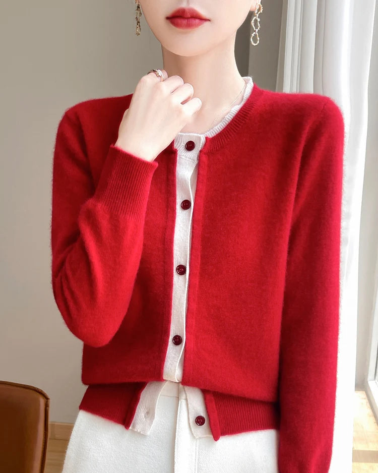 Merino Wool Solid O-Neck Button Knit Cardigan