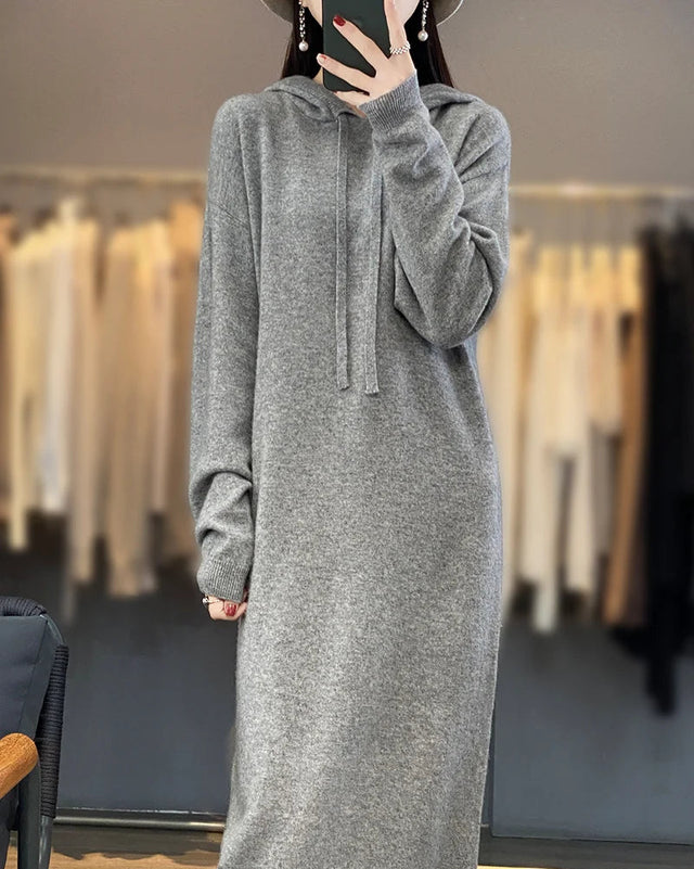 Merino Wool Hooded Midi Knit Dress