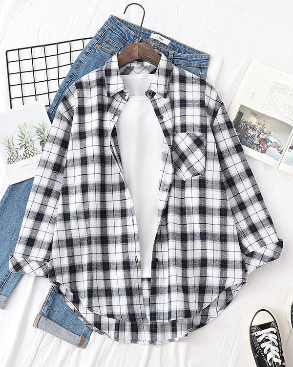 Plaid Lapel Single-Breasted Loose Shirt