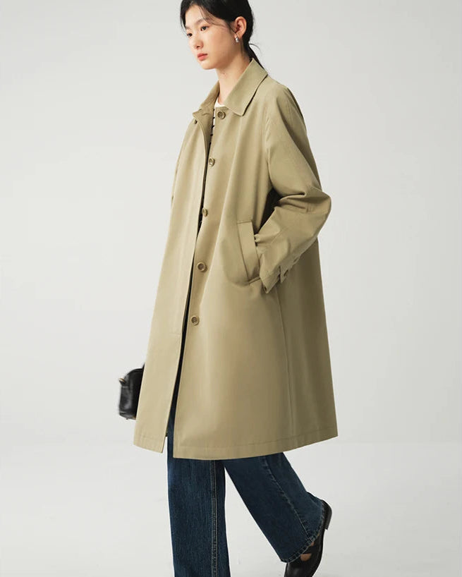 Solid Lapel A-Line Mid-Length Trench Coat