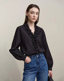 Ruffled V-Neck Long-Sleeved Loose-Fitting Shirt