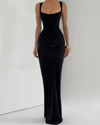 Solid Color Pleated Backless Fitted Evening Dress