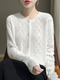 Merino Wool Hollow-Out Pearl Button Cardigan