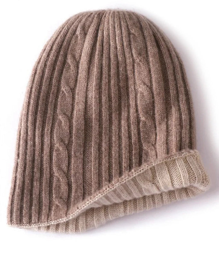 65% wool & 35% cashmere reversible beanie. Double-layer cable knit warmth in square grid or cable style — cozy, unisex winter essential.