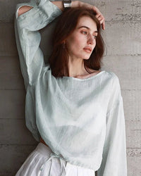 Ramie Crew Neck Long Sleeve Drawstring T-Shirt