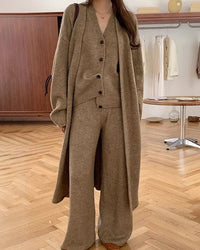 V-Neck Knit Coat + Vest + Wide-Leg Trouser 3-Piece Set