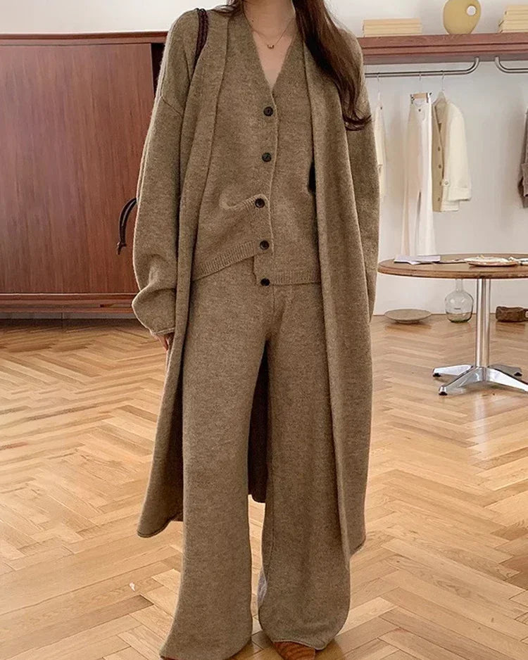 V-Neck Knit Coat + Vest + Wide-Leg Trouser 3-Piece Set