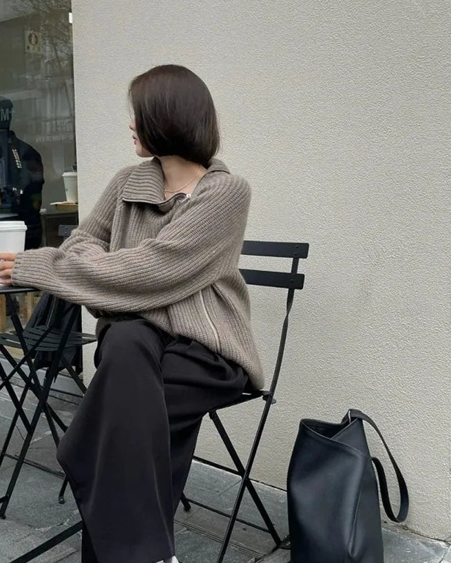 Oversized Irregular Zipper High Neck Cashmere Sweater