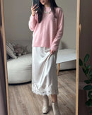 Satin And Lace-Paneled A-Line Midi Skirt