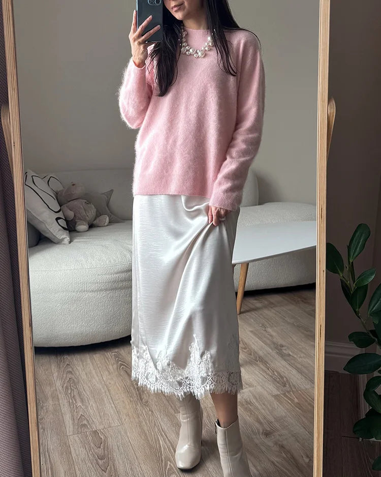 Satin And Lace-Paneled A-Line Midi Skirt
