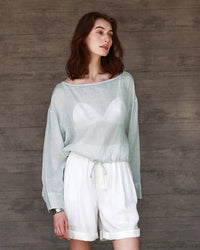 Ramie Crew Neck Long Sleeve Drawstring T-Shirt