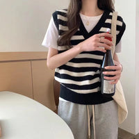 Vintage Striped V-Neck Pure Wool Knitted Waistcoat