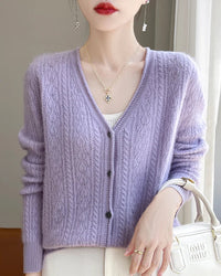 Wool V-Neck Curled Twisted Hollow-Out Open Cardigan