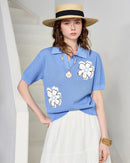 Hollow Floral Knit V-Neck Short-Sleeve Top
