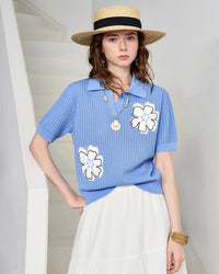 Hollow Floral Knit V-Neck Short-Sleeve Top
