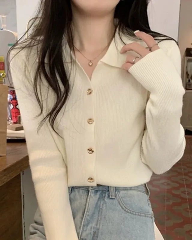 Women's Polo Lapel knit cardigan featuring a loose fit and long sleeves, crafted from stretchy polyester fiber for preppy comfort and layered style from air-conditioned offices to poolside lounging.