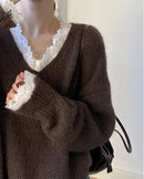 Soft V-Neck Lace-Trimmed Loose Knit Sweater