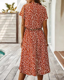 Polka Dot Short Sleeve Drawstring High-Waist Dress