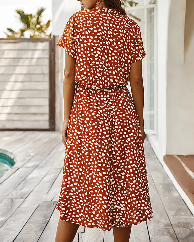 Polka Dot Short Sleeve Drawstring High-Waist Dress
