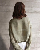 Ramie Crew Neck Long Sleeve Drawstring T-Shirt