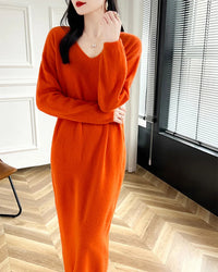 Wool V-Neck Long Sweater Dress