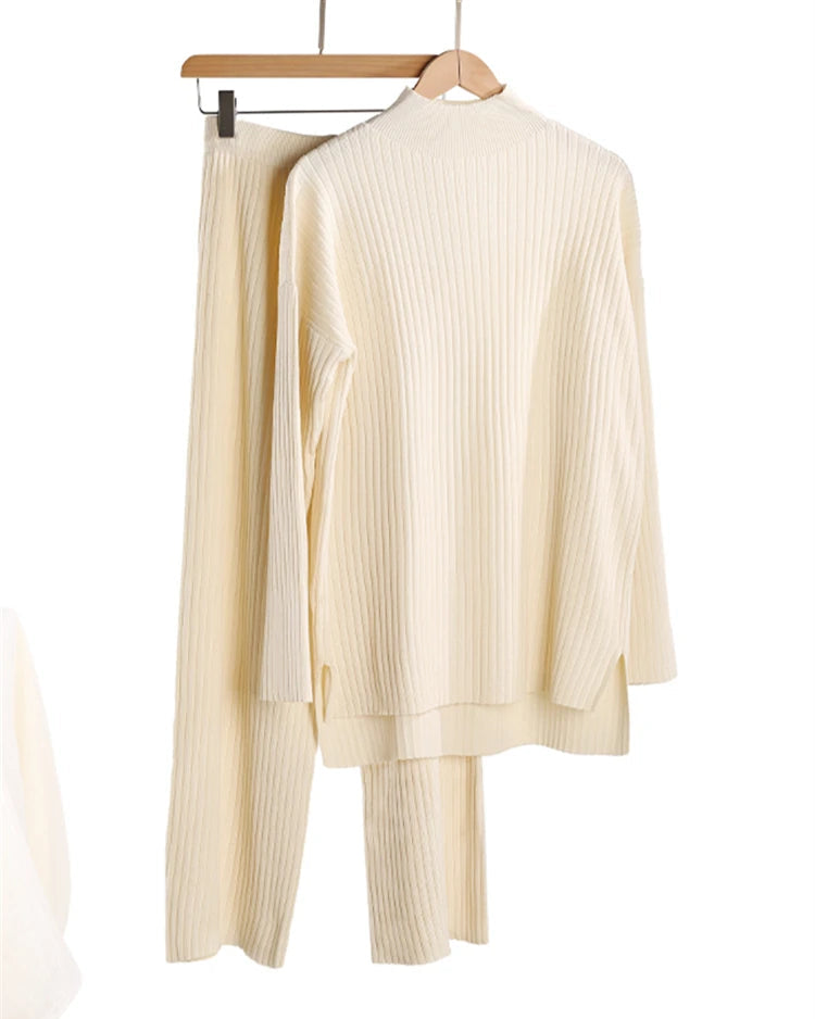 Half-Turtleneck Knit Sweater & High Waist Wide-Leg Trouser Set