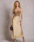 Satin Lace Trim A-Line Maxi Skirt
