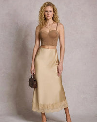 Satin Lace Trim A-Line Maxi Skirt