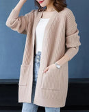 Solid V-neck open-front pocket loose knit cardigan. Soft, medium stretch, and relaxed — a casual plus-size autumn winter sweater for women.