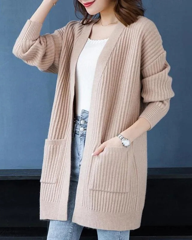 Solid V-neck open-front pocket loose knit cardigan. Soft, medium stretch, and relaxed — a casual plus-size autumn winter sweater for women.