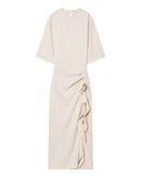 Pleated Short Sleeve Side Zipper Midi Dress