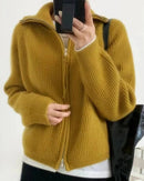 Collared Wool Zip-Up Cardigan Sweater