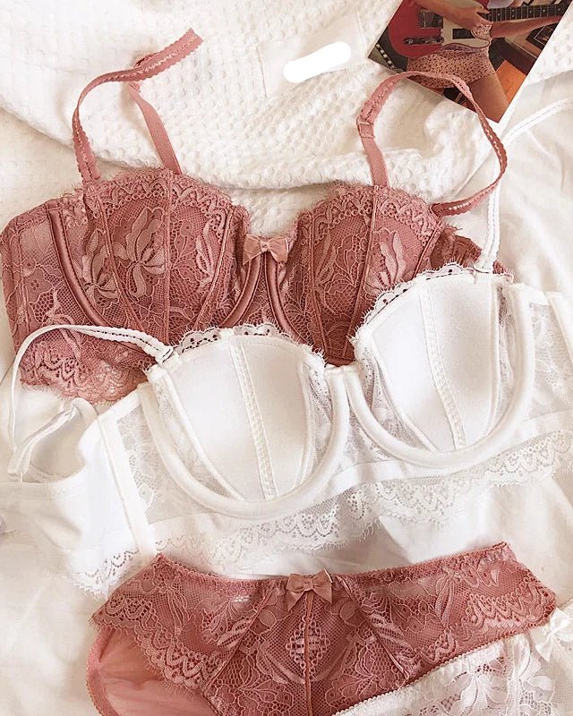 Lace Embroidery Half-Cup Thin Push-Up Bra Set
